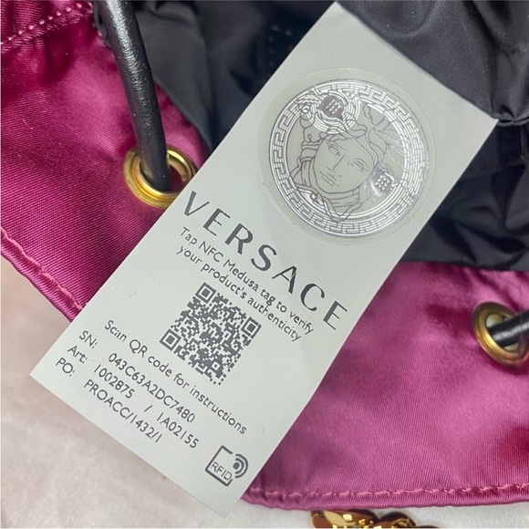 NEW!!! Versace Deep Fuschia Nylon and Black Leather Drawstring Bucket Bag - Picture 14 of 15
